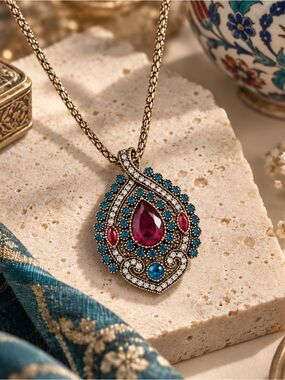 Turkish Ottoman Style Crystal Pendant Statement Necklace